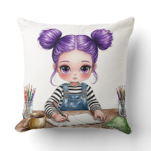 Young girl with purple duvets concentrated on her