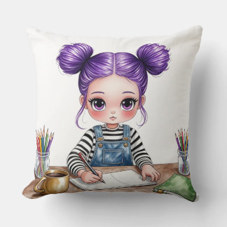 Young girl with purple duvets concentrated on her cushion