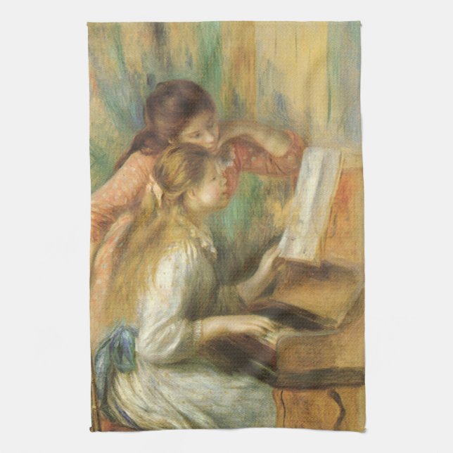 Young Girls at Piano by Pierre Renoir Tea Towel (Vertical)