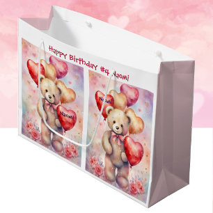 Young Girl's Birthday Bear Add Name & Age Large Gift Bag