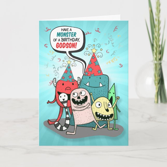 Young Godson Birthday Monsters Cartoon Style Holiday Card (Front)