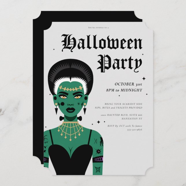 Young Goth Bride of Frankenstein Halloween Party Invitation (Front/Back)