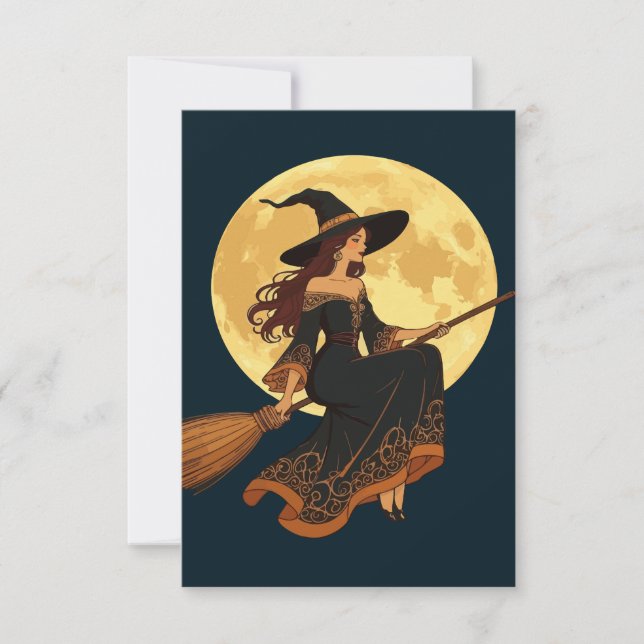 Young Goth Witch Sat Astride A Besom Vector Art Invitation (Front)