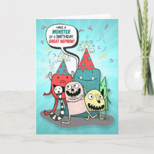 Young Great Nephew Birthday Monsters Cartoon Holiday Card