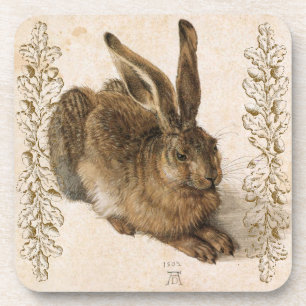 Young Hare by Albrecht Dürer with Leafy Accents Coaster