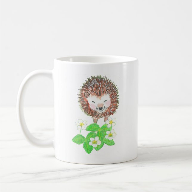 Young Hedgehog & Wild Strawberry Flowers  Coffee Mug (Left)