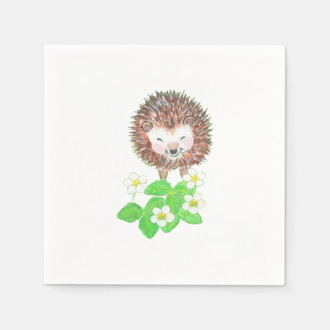 Young Hedgehog & Wild Strawberry Flowers   Napkin (Front)