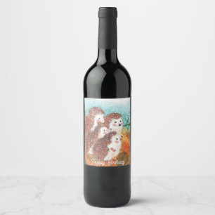 Young hedgehogs Happy Birthday  Wine Label