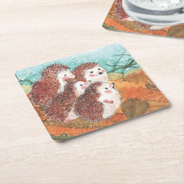 Young Hedgehogs   Square Paper Coaster (Angled)