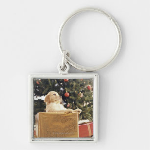 Young Labrador Leaning on a Christmas Present Key Ring