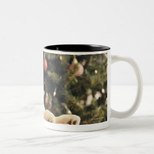 Young Labrador Leaning on a Christmas Present Two-Tone Coffee Mug