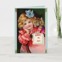 Young lady, cat, birthday, ribbon, greeting card