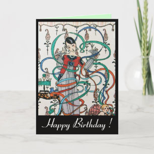 YOUNG LADY ,COLORFUL RIBBON SWIRLS,CUPID Birthday Card