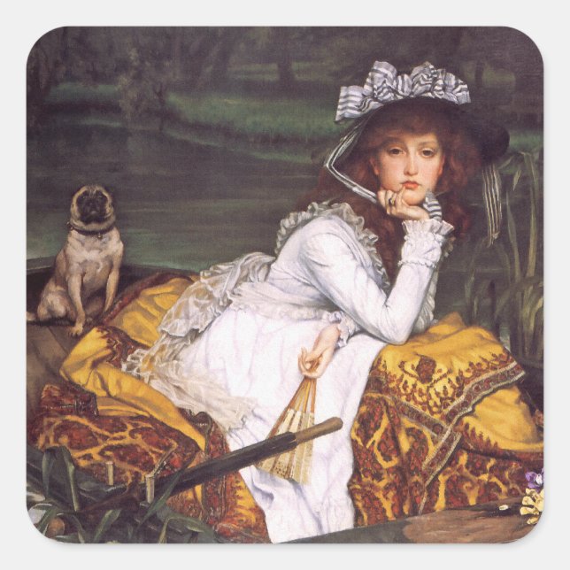 Young Lady & Her Pet Pug in a Boat by James Tissot Square Sticker (Front)