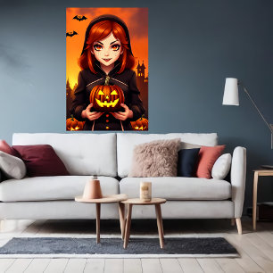 Young lady holding a pumpkin AI Art Poster