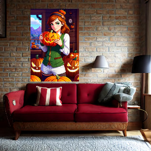Young lady long hair holding a pumpkin AI Art Poster
