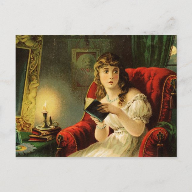 Young lady reading by candlelight is spooked postcard (Front)