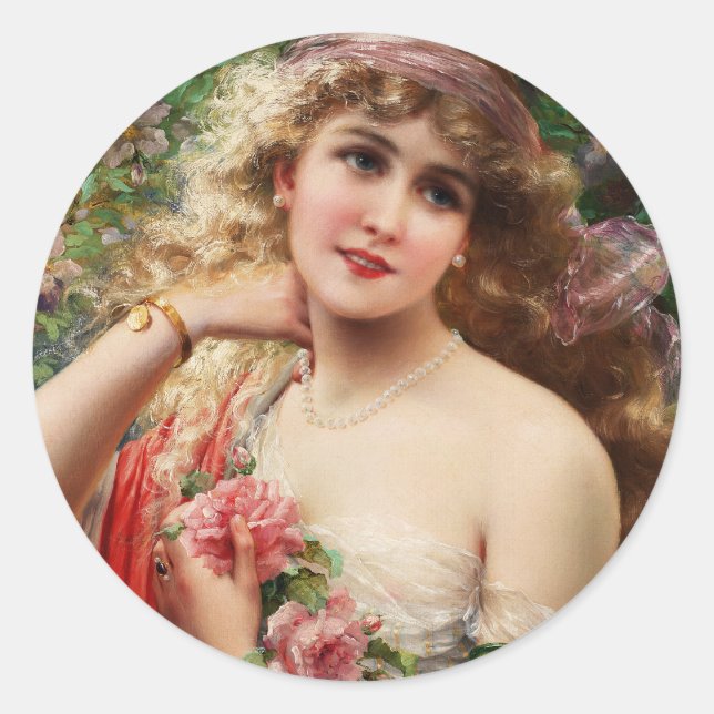 Young Lady With Roses Classic Round Sticker (Front)