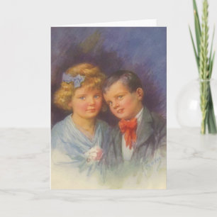 Young Love, Vintage Girl & Boy Valentine Portrait Holiday Card