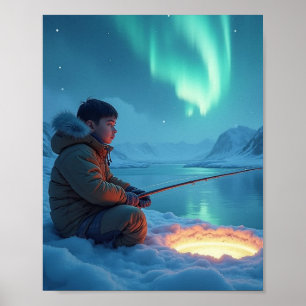 Young man ice fishing poster