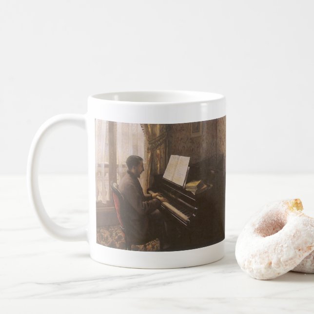 Young Man Playing the Piano by Gustave Caillebotte Coffee Mug (With Donut)