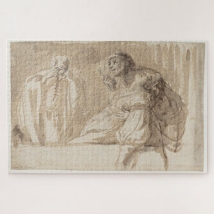 Young man points up, holds woman unconscious jigsaw puzzle