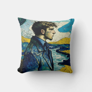 Young Man Portrait With Sunrise Painting Cushion