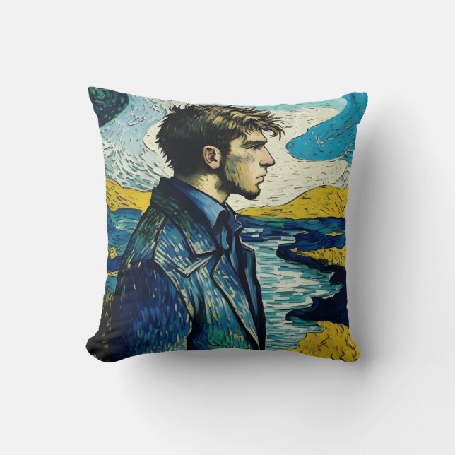 Young Man Portrait With Sunrise Painting Cushion (Front)