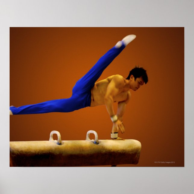 Young man practicing gymnastics on the pommel poster (Front)
