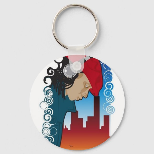Young Man Wearing Headphones Key Chain (Front)
