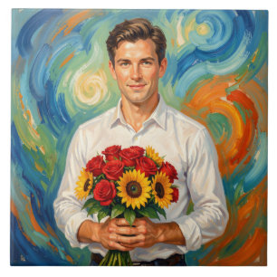 Young Man with Bouquet Retro Style Painting Ceramic Tile