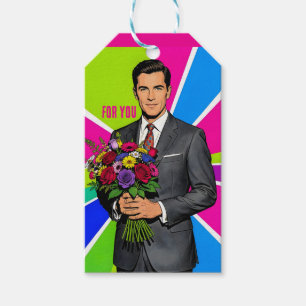 Young Man with Bouquet Retro Style Personalized Gift Tags