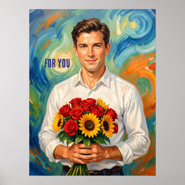 Young Man with Bouquet Retro Style Personalized Poster (Front)