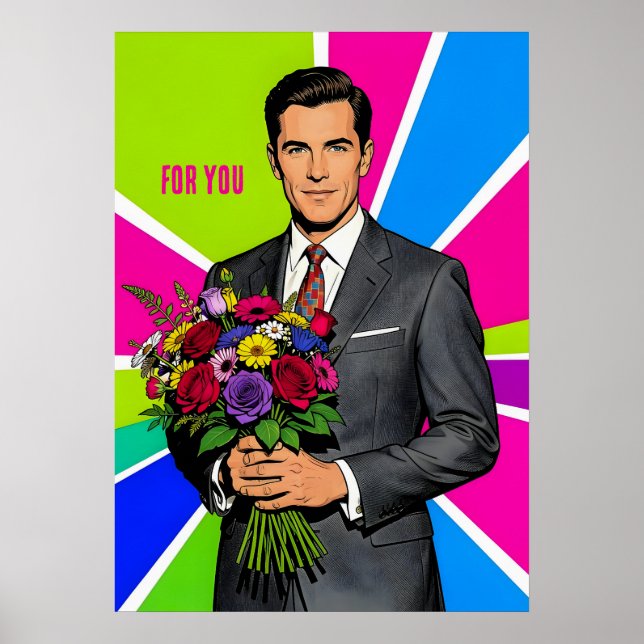 Young Man with Bouquet Retro Style Personalized Poster (Front)