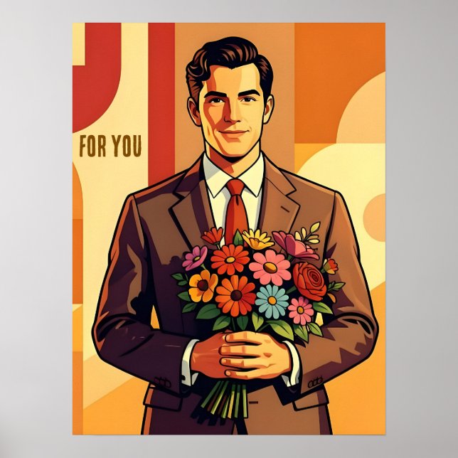 Young Man with Bouquet Retro Style Personalized Poster (Front)
