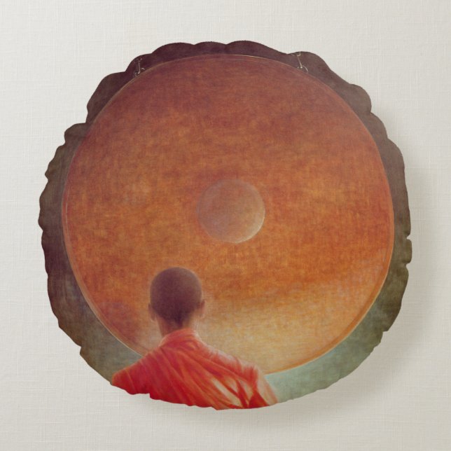 Young Monk with Gong Round Cushion (Front)