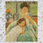 Young Mother Sewing by Mary Cassatt, Vintage Art Jigsaw Puzzle<br><div class="desc">Young Mother Sewing (c. 1900) by Mary Cassatt is a vintage impressionism fine art family portrait painting. A girl, her daughter, is leaning on her lap. A vase with a bouquet of flowers is on a table behind them. A mum mending some clothes with a child. About the artist: Mary...</div>