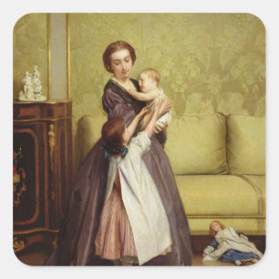 Young Mother with her Children in a Salon Square Sticker