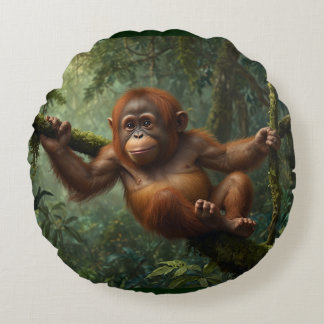 Young Orangutan in a Rain Forest Round Cushion