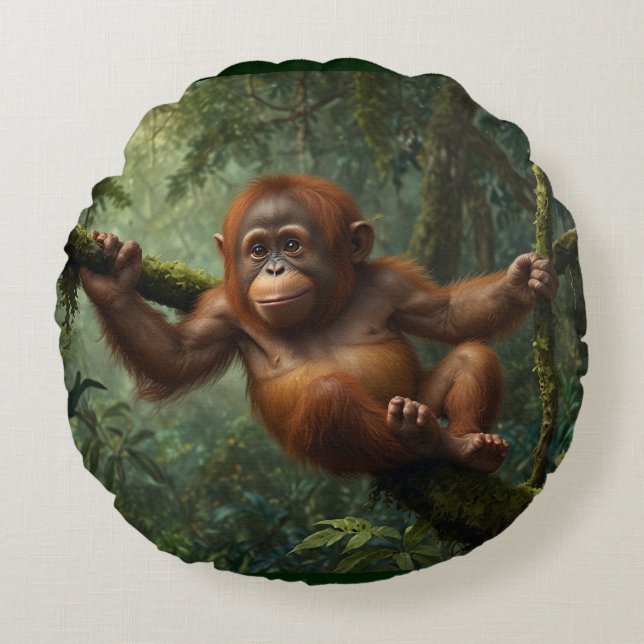 Young Orangutan in a Rain Forest Round Cushion (Front)