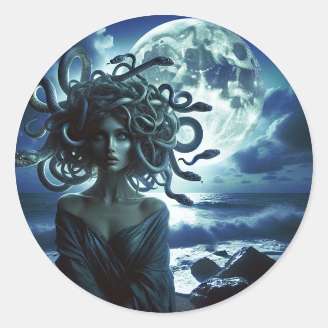 Young Pretty Medusa by the Moon & Ocean Classic Round Sticker (Front)