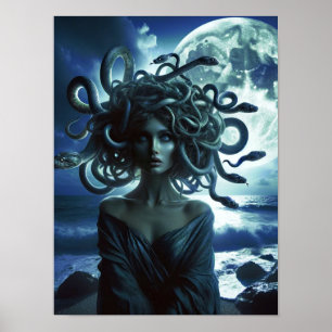Young Pretty Medusa by the Moon & Ocean Poster