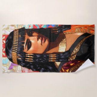 Young Queen Cleopatra Colored Portrait Art Beach Towel