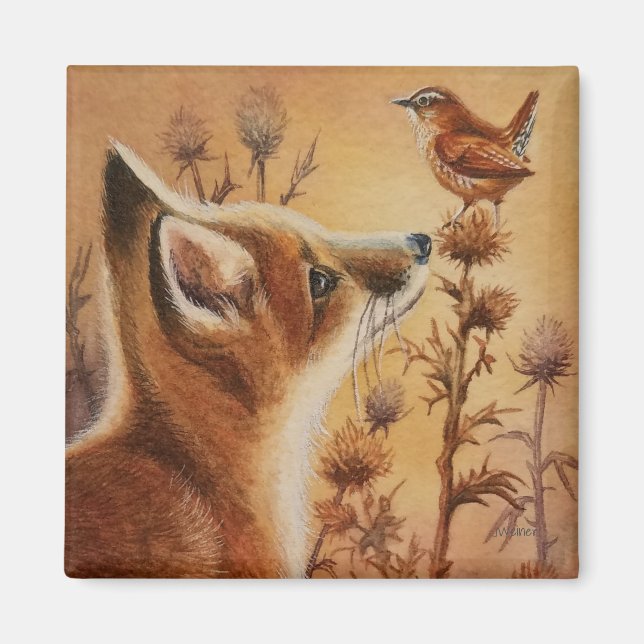 Young Red Fox & Carolina Wren Bird Watercolor Art Magnet (Front)