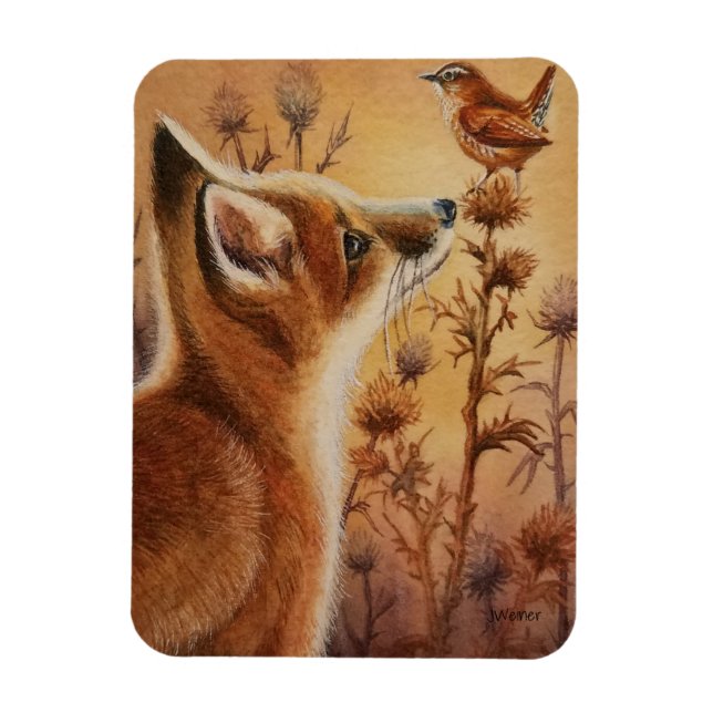 Young Red Fox Carolina Wren Bird Watercolor Art Magnet (Vertical)