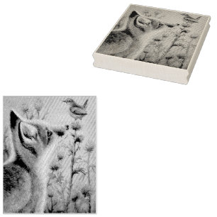 Young Red Fox & Carolina Wren Bird Watercolor Art Rubber Stamp