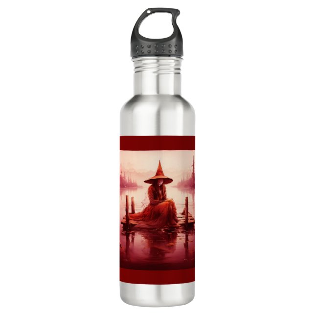 Young Red Witch Sits On Broken Pier 710 Ml Water Bottle (Front)