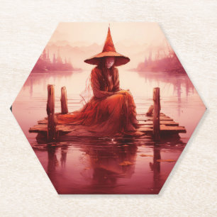 Young Red Witch Sits On Broken Pier Paper Coaster