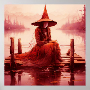 Young Red Witch Sits On Broken Pier Poster