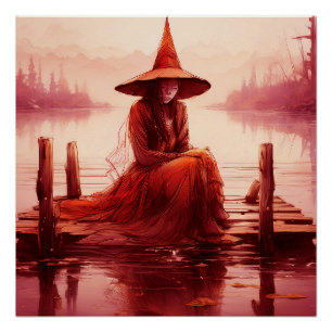 Young Red Witch Sits On Broken Pier Poster
